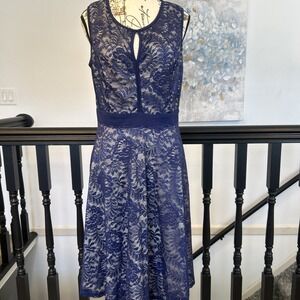 Kate Kasin Blue Lace Overlay Knee Length Dress Size Medium Large New